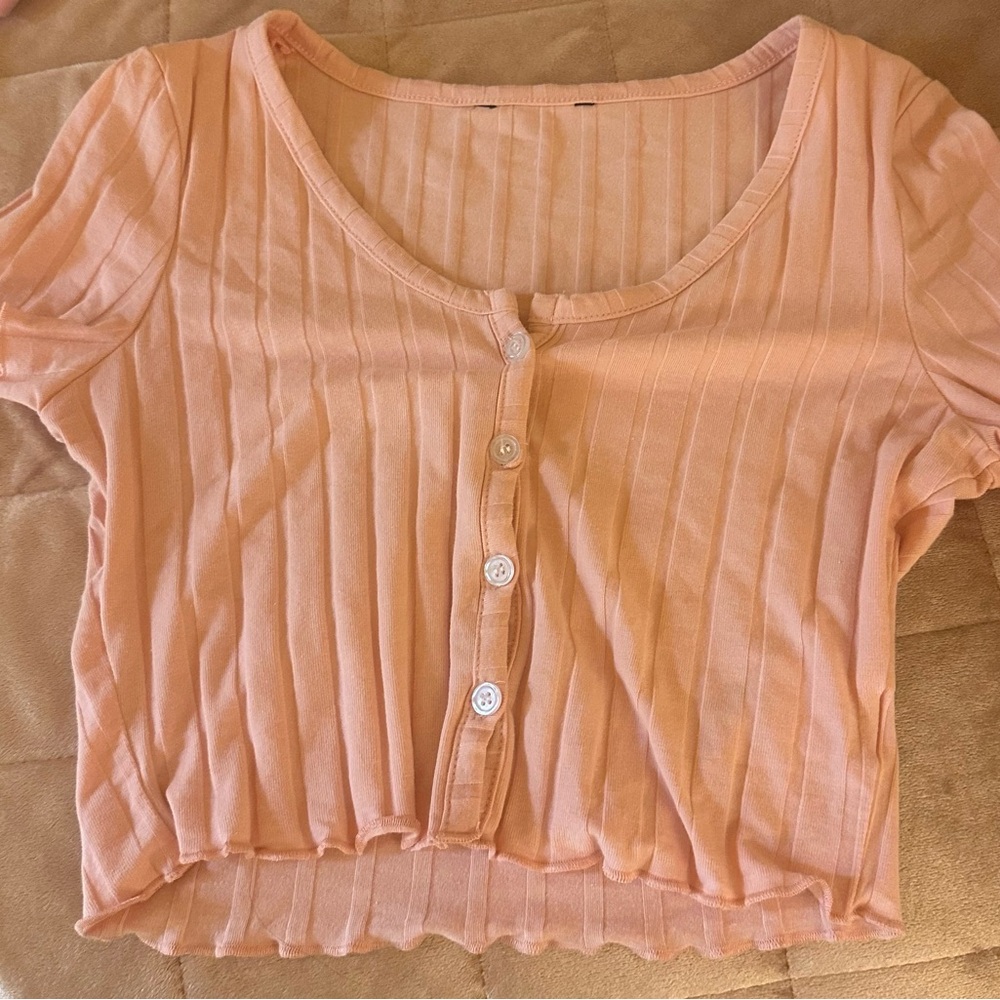 Baby Pink Women’s Cropped Ribbed Lettuce Trim Button-Up Baby Tee Top